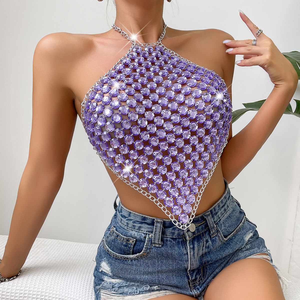 Summer  Splicing Bandeau Top, Women Sexy Chain Halter Neck Camisole, Fashion Sleeveless Slim Crop Top for Daily Party Streetwear