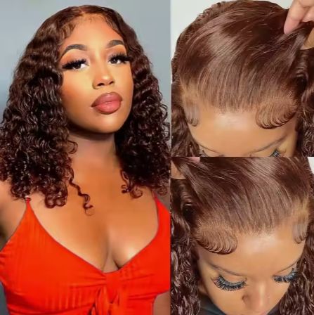 13x4 Lace Front Curly Bob Human Hair Wigs Dark Brown Color For Black Women Right Side Part natural hairline
