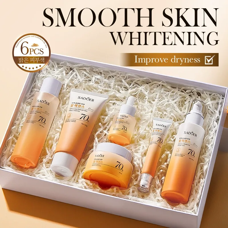 70% Rice Essence Whitening & Nourishing 6-Piece Skincare Set, Brightening & Repairing Facial Care Kit with Cleanser, Toner, Lotion, Cream, Serum and Eye Cream, Hydrating & Firming Daily Skin Care Gift Set