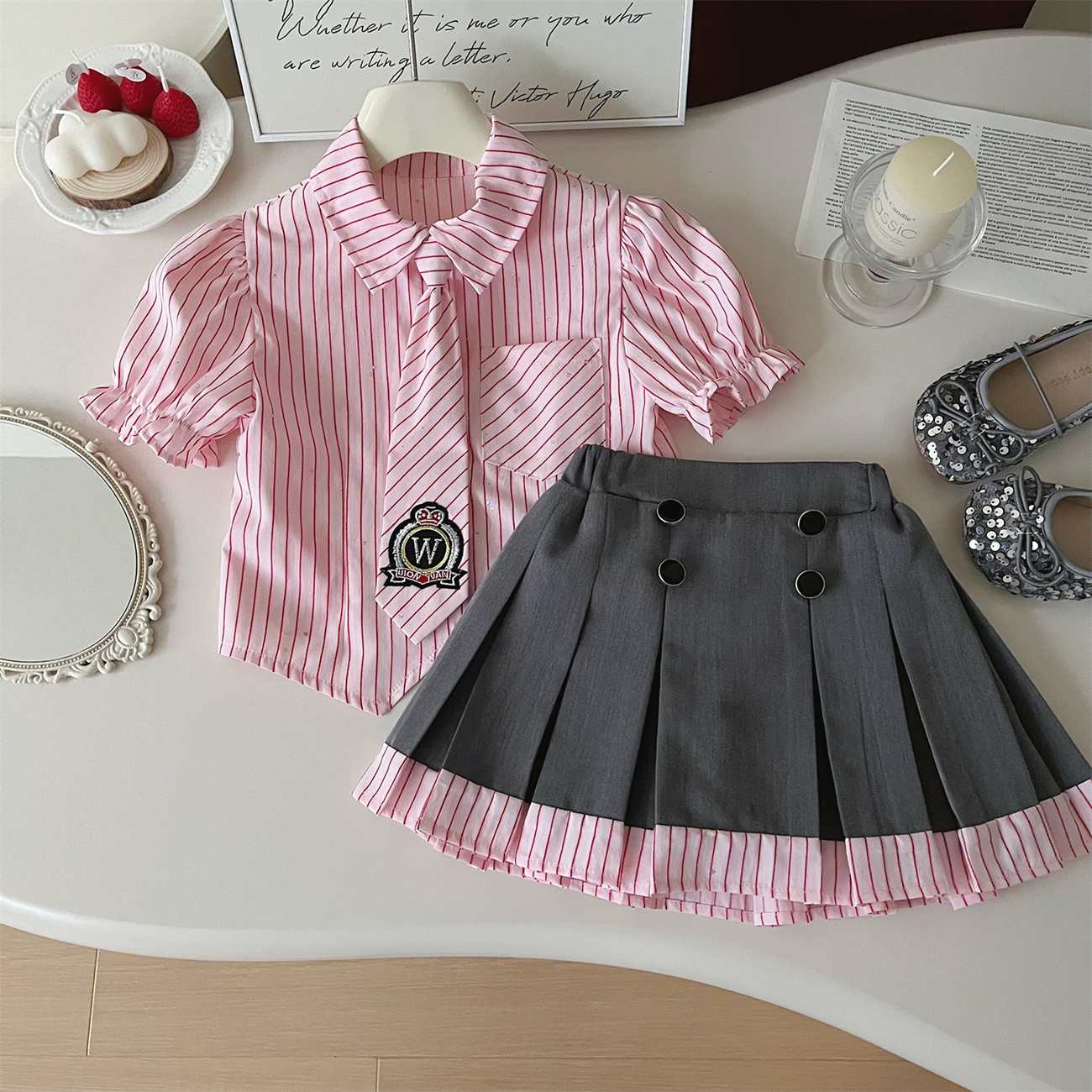 2024 summer new girls' college style striped puffy sleeve shirt skirt set 24207