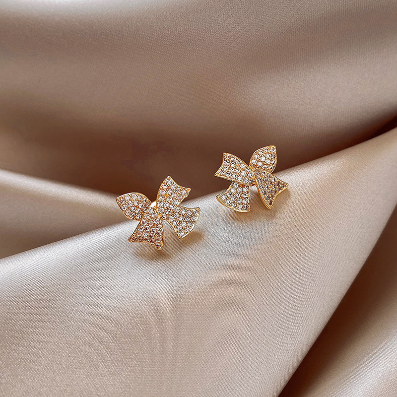M907 Women's Simple Full Diamond Bow Stud Earring Jewelry Gift
