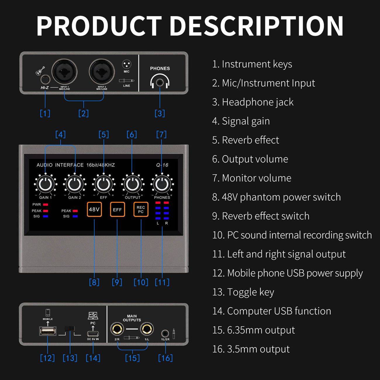 Mondel Trading XTUGA Professional sound card high quality recording studio audio interface small computer live broadcast sound card mixer Q16