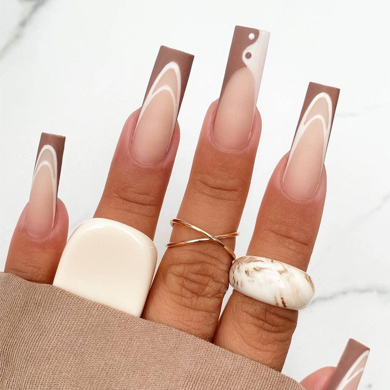 JP1438 24 Pcs Matte Press on Nails, Super Long Coffin Yin Yang French Line Fake Nails, Full Cover Artificial False Nails for Women and Girls