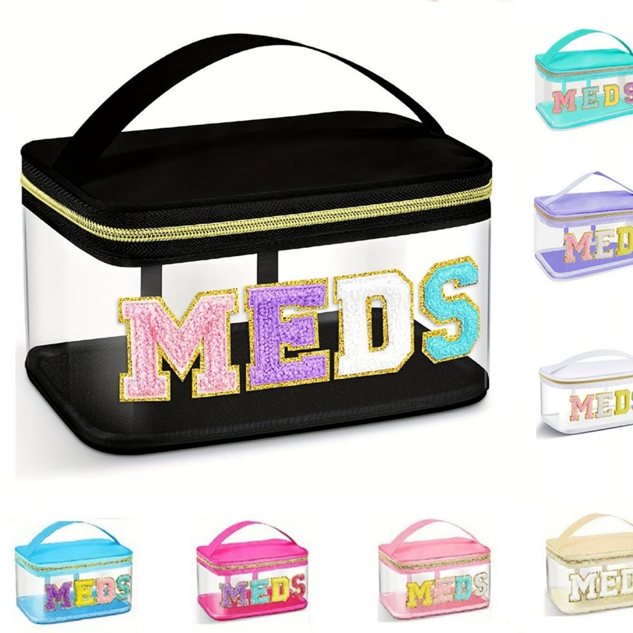 PVC Transparent MEDS Medicine Box Embroidered Letter Cosmetic Bag, Portable Storage Bag & Travel Toiletry Bag

