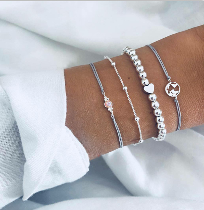 4pcs/set Silver hollow map bracelet women's opal beads adjustable chain party jewelry