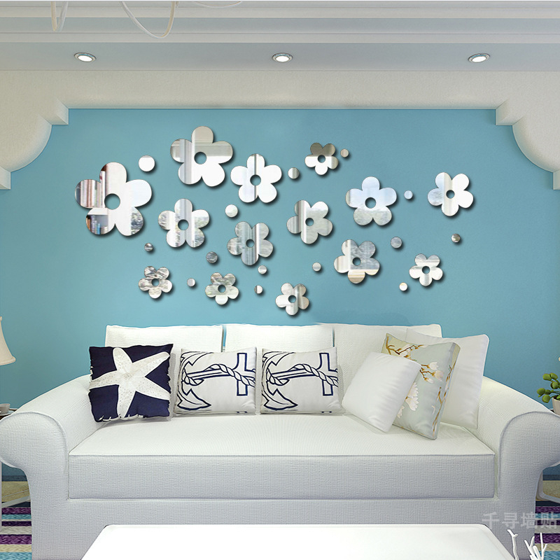 LM1011 14pcs Acrylic Mirror Wall Sticker Decal for Home Living Room Bedroom Decor 3D Flower DIY Wall Decoration Silver