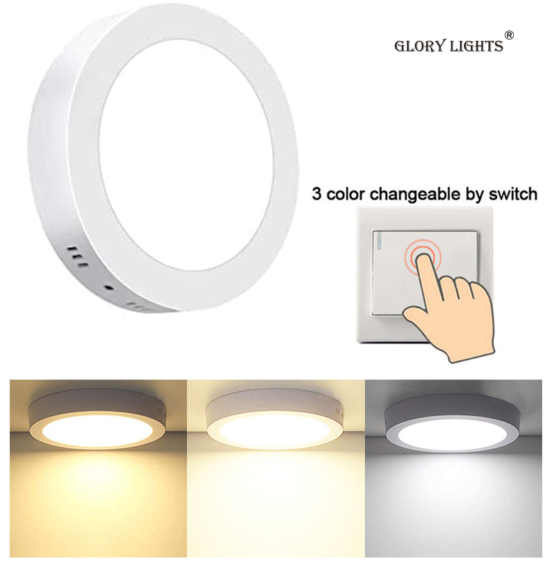  Glory lights LED Recessed Mount Panel Ceiling Light Fixtures - 6W 12W 18W 24W Tri-Color Dimming Flat Circular Surface Mount Downlight for Closet/Corridor/Staircase/Kitchen/Basement Lighting