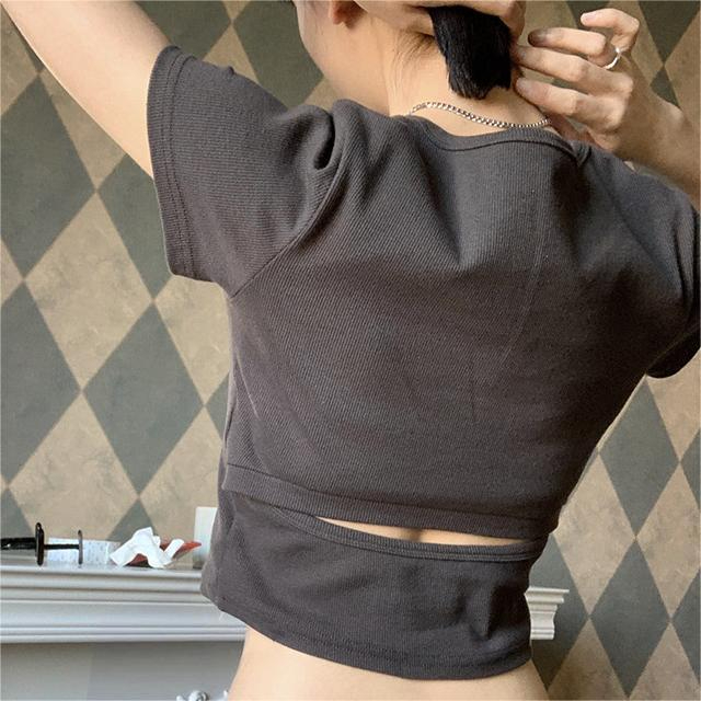 Women's Summer Vintage Dark Gray Cropped T-Shirt with Cutout Slim Top at The Back