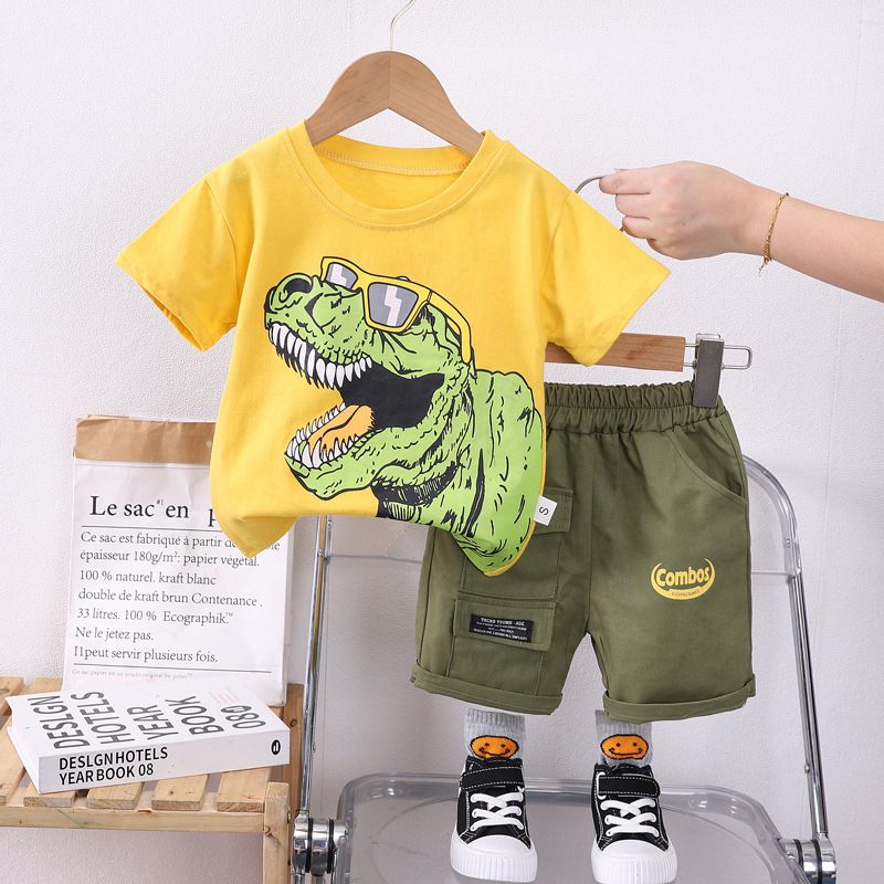 Boy cartoon dinosaur pattern short sleeve + Shorts 2-piece set A45