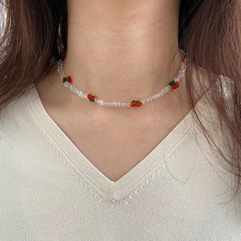 54146 Cute Red Cherry Choker Necklace For Women Girls Fashion Korean Fruit Transparent Beads Necklaces 2021 Trend Jewelry Gift