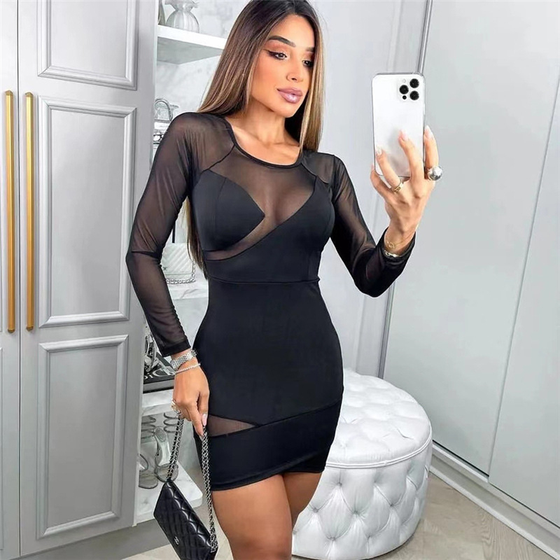 K22D21186 Women's Sheer Mesh Patchwork Mini Bodycon Dress Long Sleeve Crew Neck Club Party Dresses