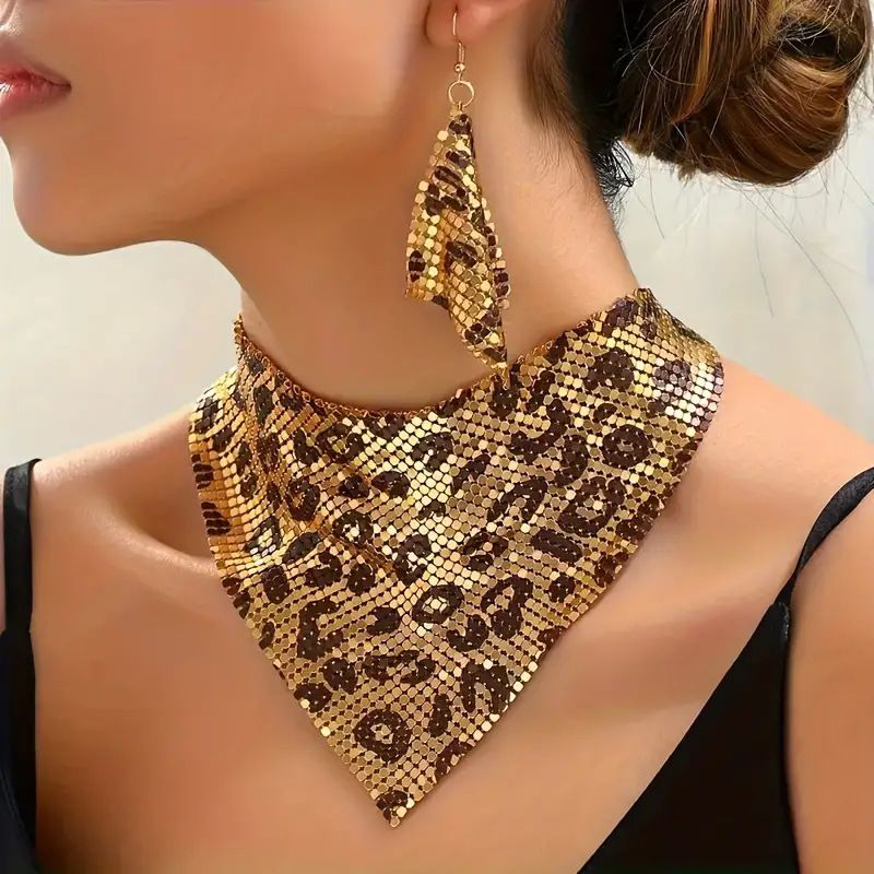 Women Leopard Print Shiny Sequin Triangle Scarf Jewelry Set, Exaggerated Trendy Clavicle Chain Necklace & Dangle Earrings, Unique Personalized Statement Neck Ear Accessories for Party Street Shooting