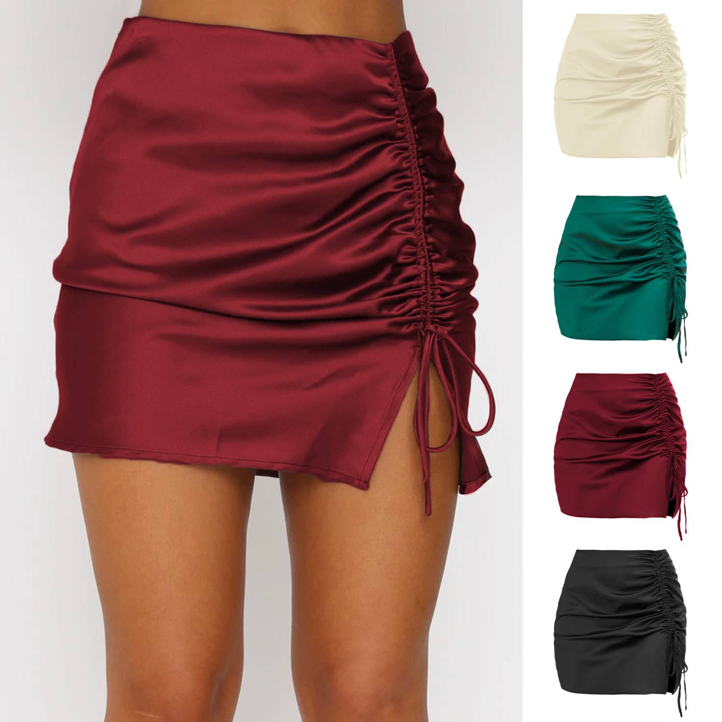 Ww4993 Women's Sexy Solid Color Slit Wrap Skirt High Waist Ruched Skirt Zipper Satin Skirt for Women