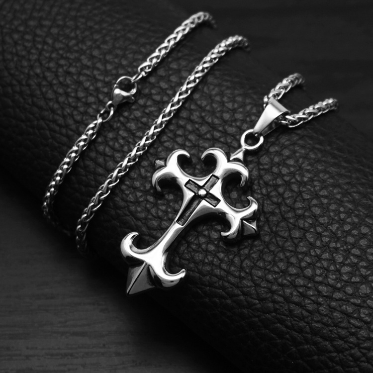 Unisex cross necklace Punk hip-hop Pendant Titanium steel necklace gift CRRSHOP Square pearl chain Keel chain pendant necklace holiday gifts 