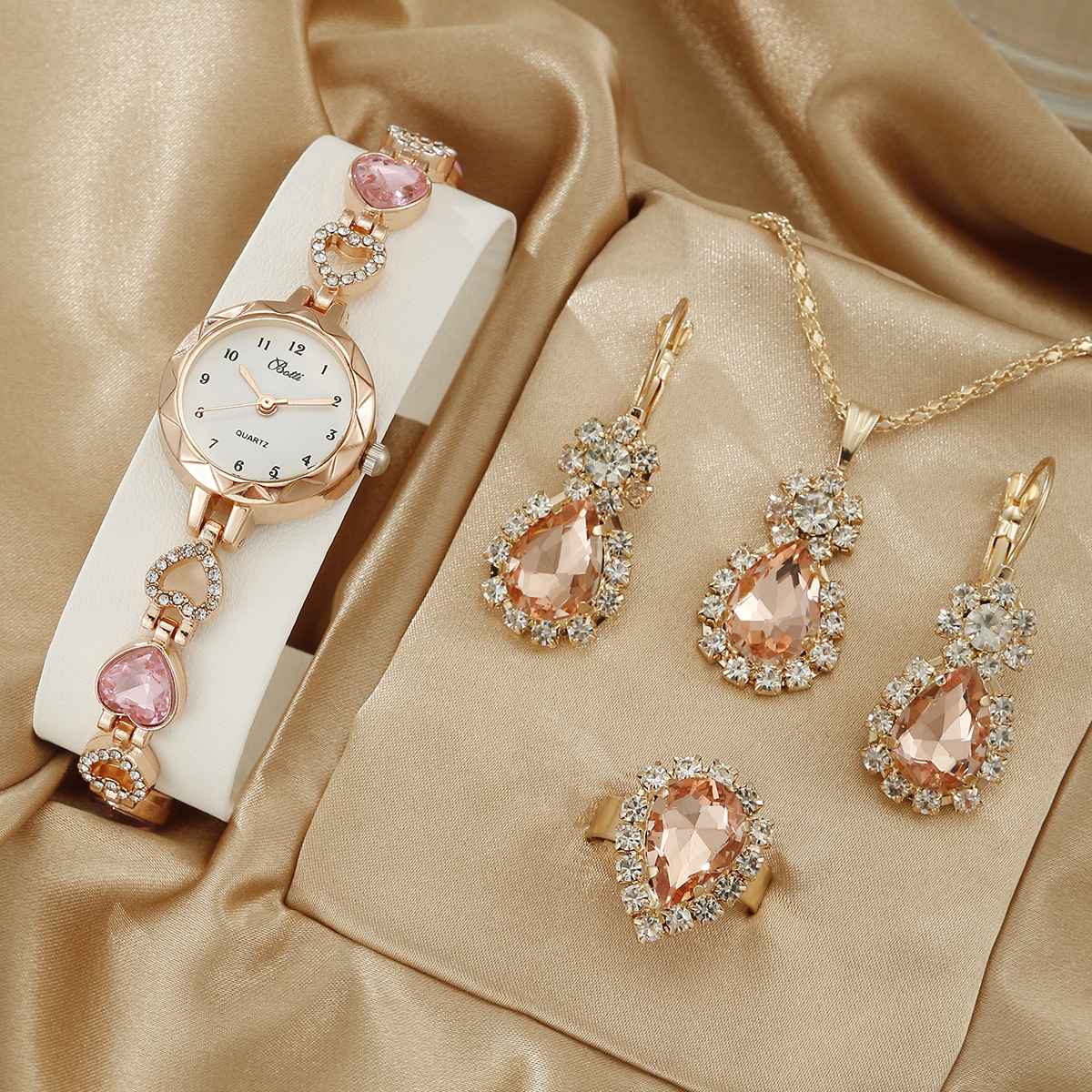 Elegant Women Quartz Bracelet Watch Set, Minimal Round Dial Luxury‑Inspired Wrist Watch, 3‑Piece Matching Jewelry Set for Daily Wear, Party and Gift Giving