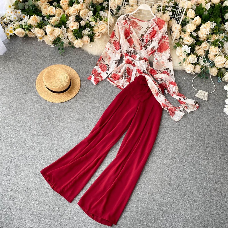 Ladies suit,floral print wide-leg pants suit,Cool summer, women's ...