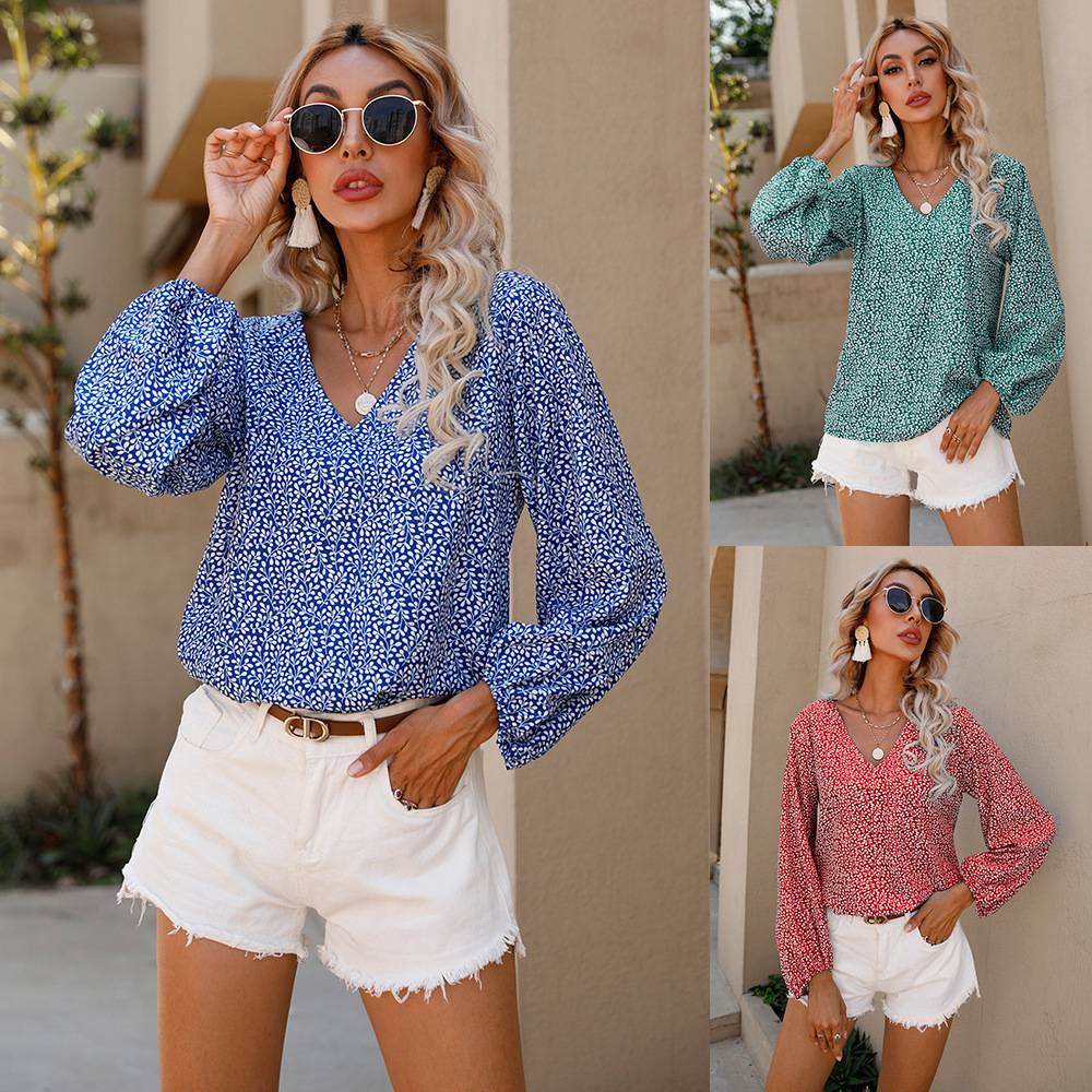 101660 Casual Elegant Autumn Long-Sleeved V-Neck Floral Printed Loose Top Fashion Puff Sleeve Shirts Blouses and Tops