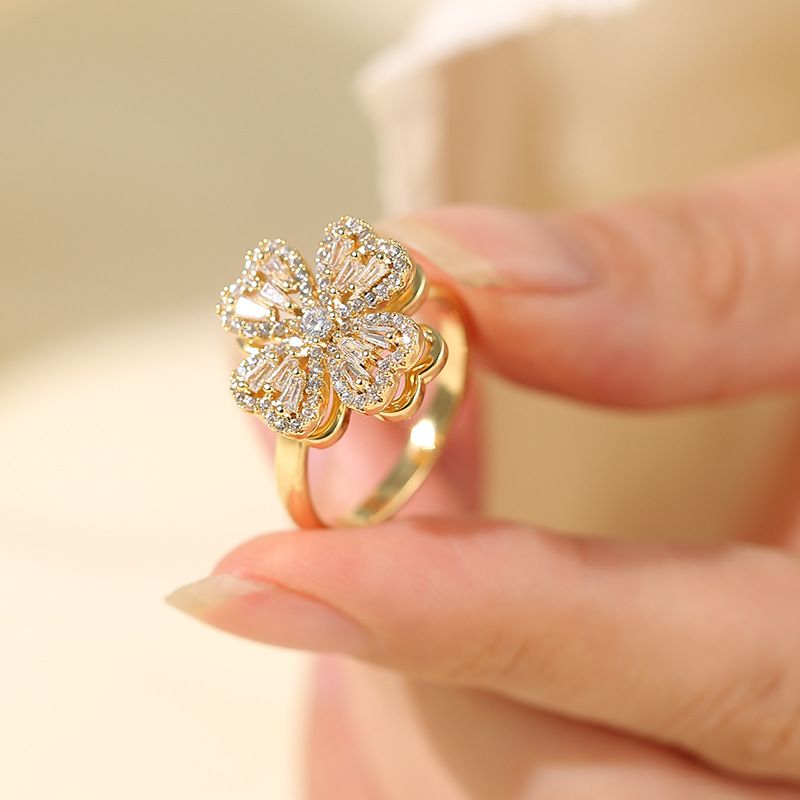 Women's Niche Does Not Fade Open Rings, Double Rotating Four-Leaf Clover Rings