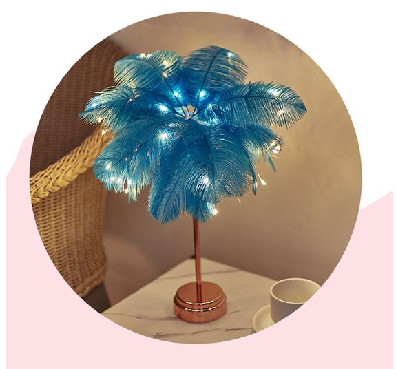 White Ostrich Feather Lamp Modern Bedside Lamp, Bedroom Table Lamp Home Ofice Bedroom Pink Lamp Golden Base