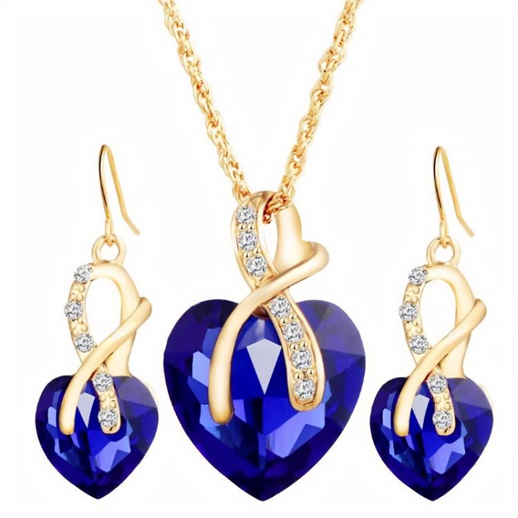 Huadeer Vintage Female Rainbow Crystal Jewelry Set Charm Gold Color Dangle Earrings For Women Simple Love Heart Wedding Chain Necklace
