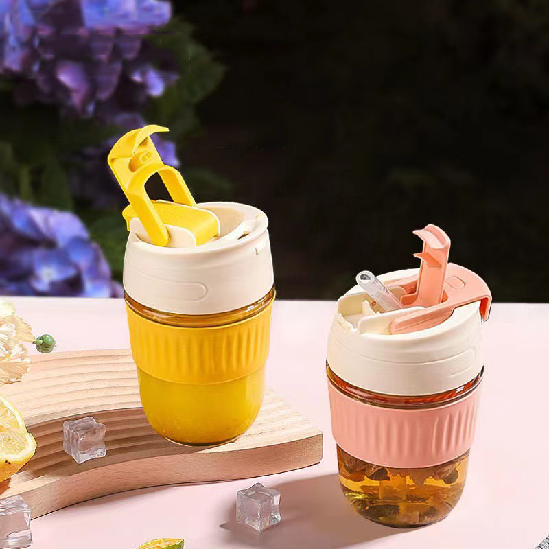 j77354 glass coffee mug with straw portable glass coffee cup with silicone sleeve
