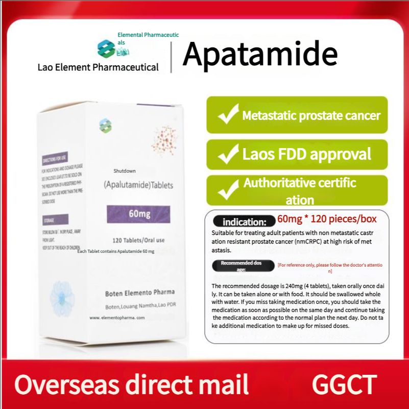 Metastatic prostate cancer, approved by Laos FDD, authoritative certification, Laos Element Pharmaceutical Apalutamide 60mg 120 tablets
Intended for the treatment of adult patients with non-metastatic castration-resistant prostate cancer (nmCRPC) at high risk of metastasis.