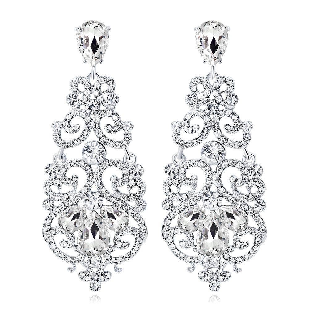 BA039-A Women's Vintaged Style Wedding Bridal Crystal Drop Hollow Chandelier Filigree Dangle Earrings