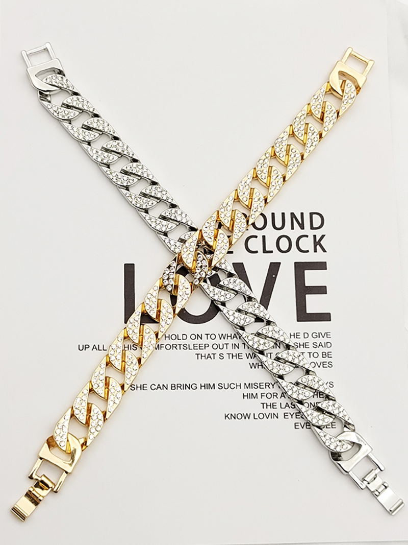 A031 12mm Bold Cuban Chain Bracelets for Men,Full Iced Out Rhinestones Links, Bling Crystal Curb Chain Punk Hiphop Bracelet