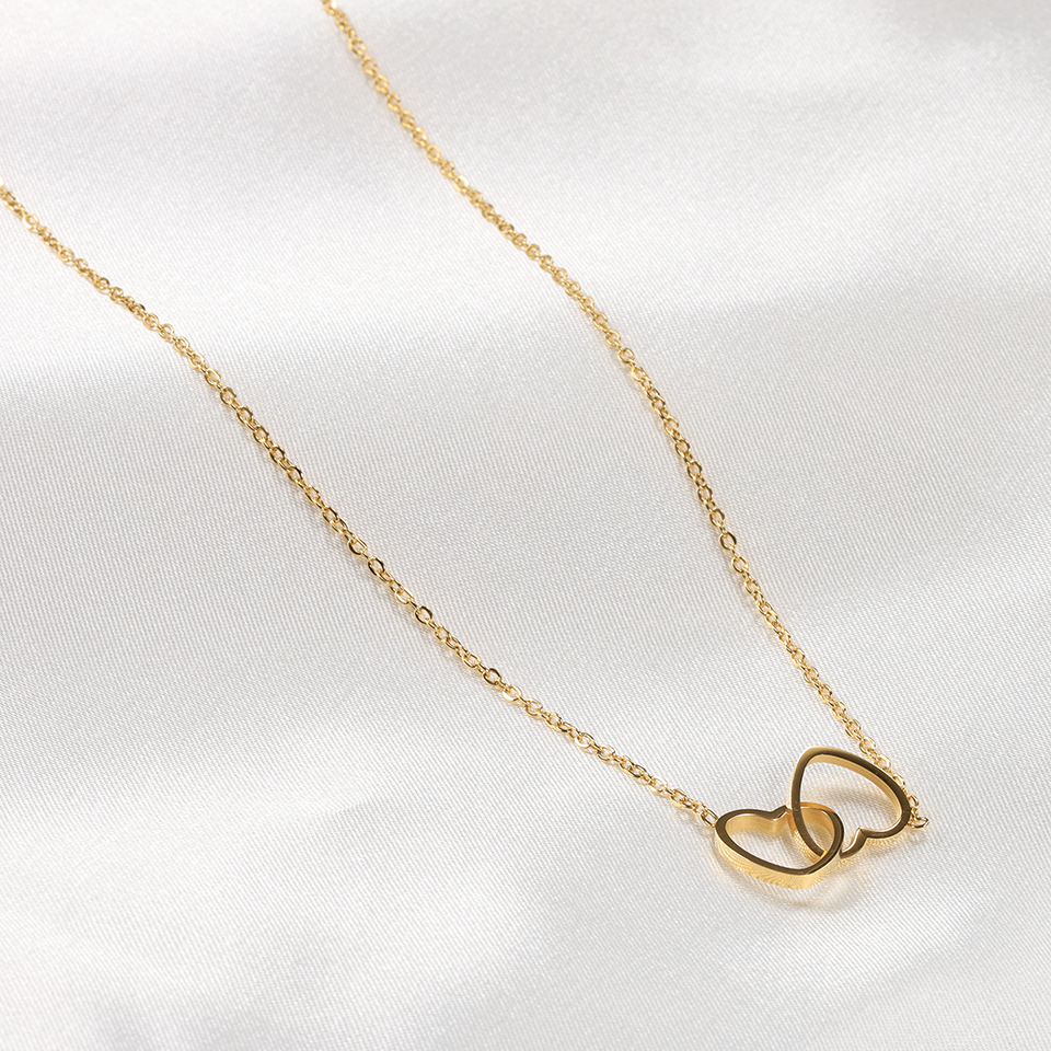 X046 Stainless Steel Necklace Double Open Heart Gold Color Pendant Necklace Engagement Jewelry for Women