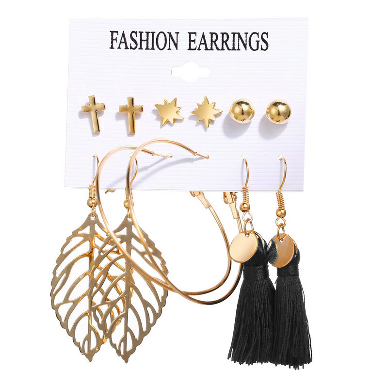 5510 6pcs Set of Acrylic Faux Pearl Pendant Earrings Bohemian Circle Tassel Earrings Women's Jewelry