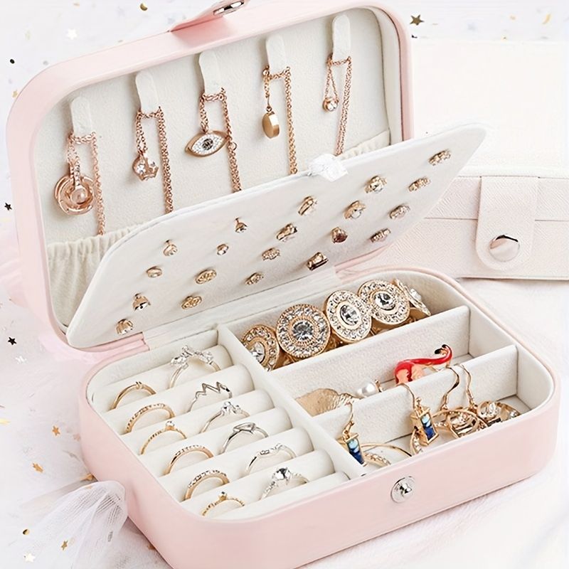 1pc Luxury PU Leather Portable Double Layer Jewelry Storage Box - Secure Locking Case with Soft Fabric Lining - Organize and Display Earrings, Necklaces, Rings, and More - Modern Desktop Organizer for Home or Office