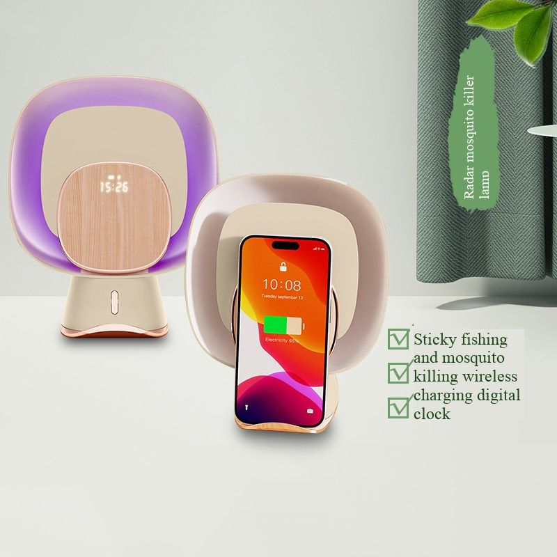 - 2026 New Wireless Sticky Mosquito Killer Lamp, Household Multifunctional Design, Wireless Charger, Phone Stand & Digital Clock, Quiet Sticky Trap, Non-Toxic, Suitable for Bedroom Living Room Home Use