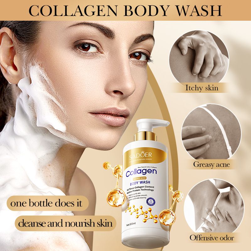 SADOER Collagen Amino Acid Body Wash 500ml, 10x Collagen Content, Active Protein Technology, Deeply Purifies Skin, Refreshing & Smooth, Mild Cleansing for All Skin Types

