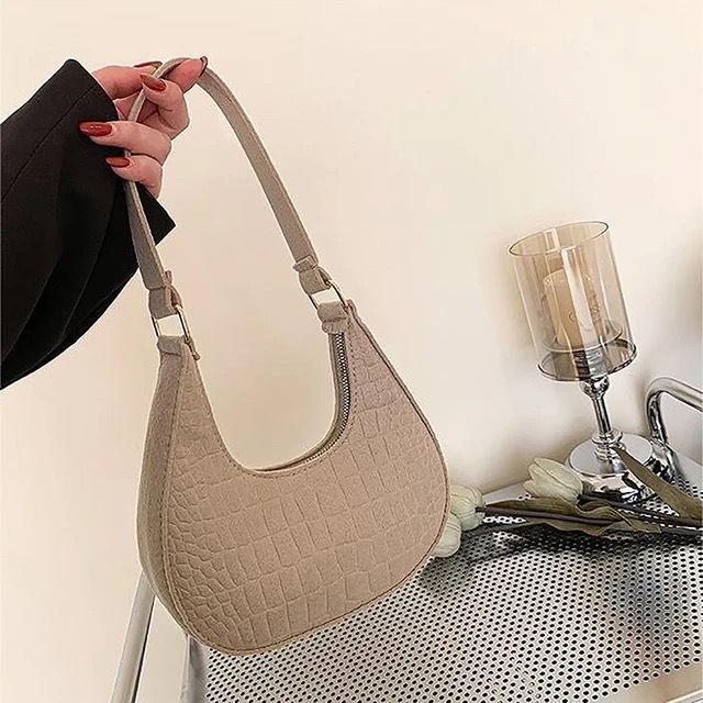 Candy Color Advanced Design Texture Armpit Handbags Felt Shoulder Bags For Women Women's Subaxillary Bag Purses Crescent BagKhaki