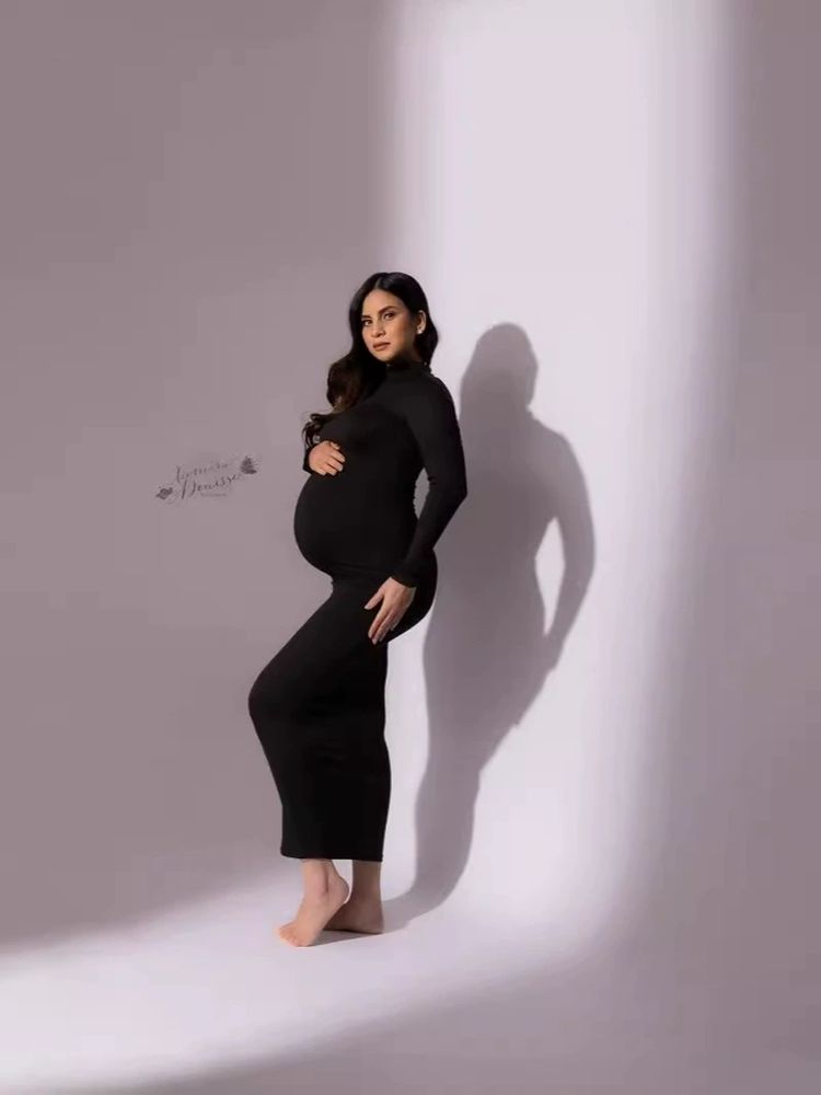 European and American foreign trade Amazon high neck pregnant women's slim fit dress long sleeved elastic pregnant women's daily jumpsuit long skirt