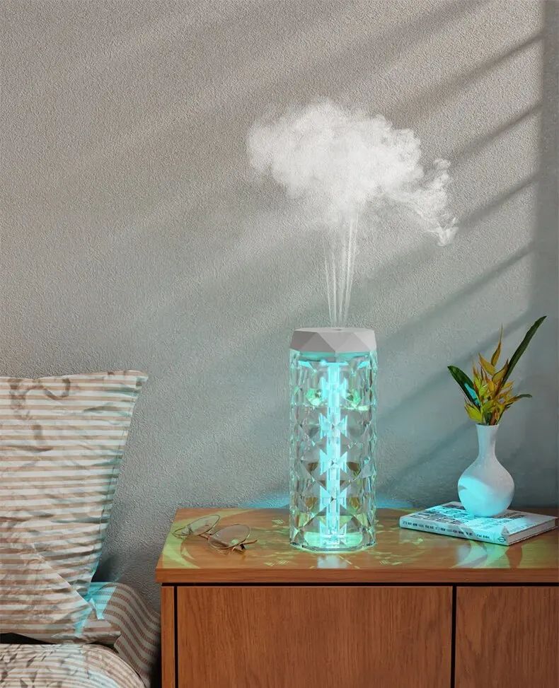 Crystal Lamp Humidifier with Colorful Atmosphere Light Silent Ultrasonic Humidifier 2 Adjustable Mist Modes for Home Bedroom