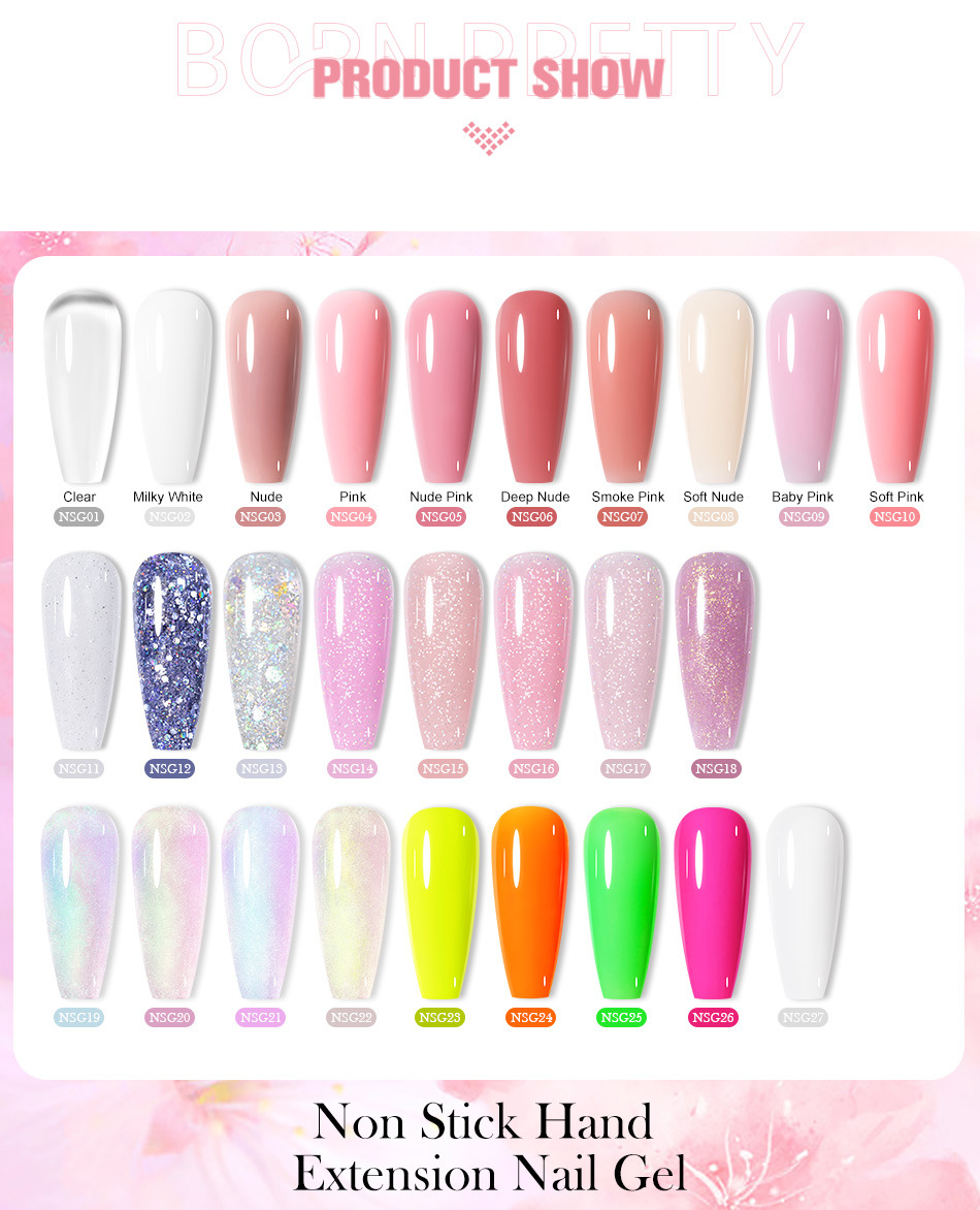 56021 BORN PRETTY 15ML Non Stick Hand Solid Extension Nail Gel Clear Nude Pink Extension Gel Rhinestone Glue Gel Easy to Operate
