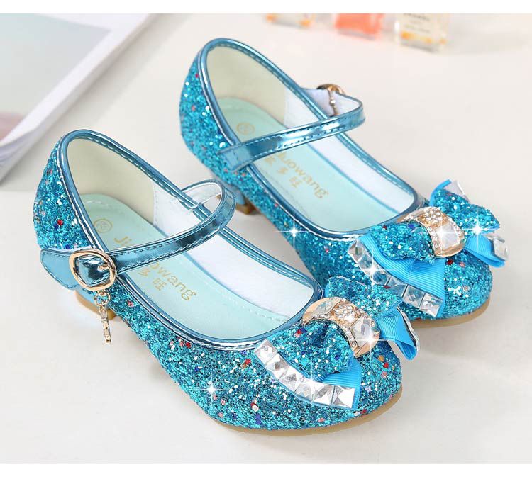 Dress Shoes Autumn New Girls' Small High-Heeled Leather Shoes Sparkling Shoe upper with Bow Decoration for Children's Dance Shoes