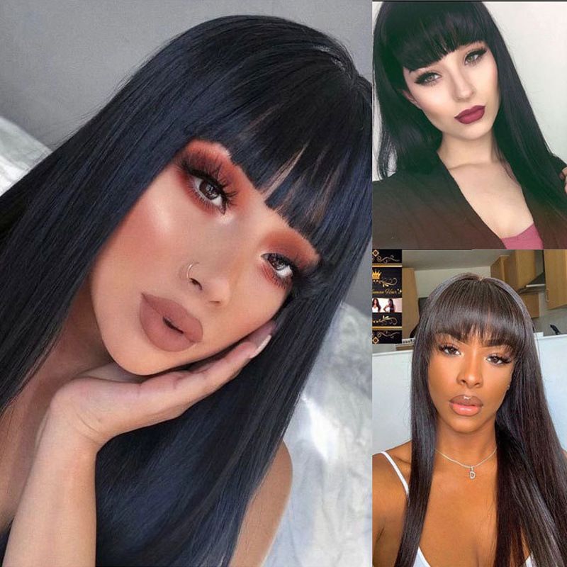 Women Long Straight Wig with Full Bangs, Smooth Synthetic Full Head Wig
