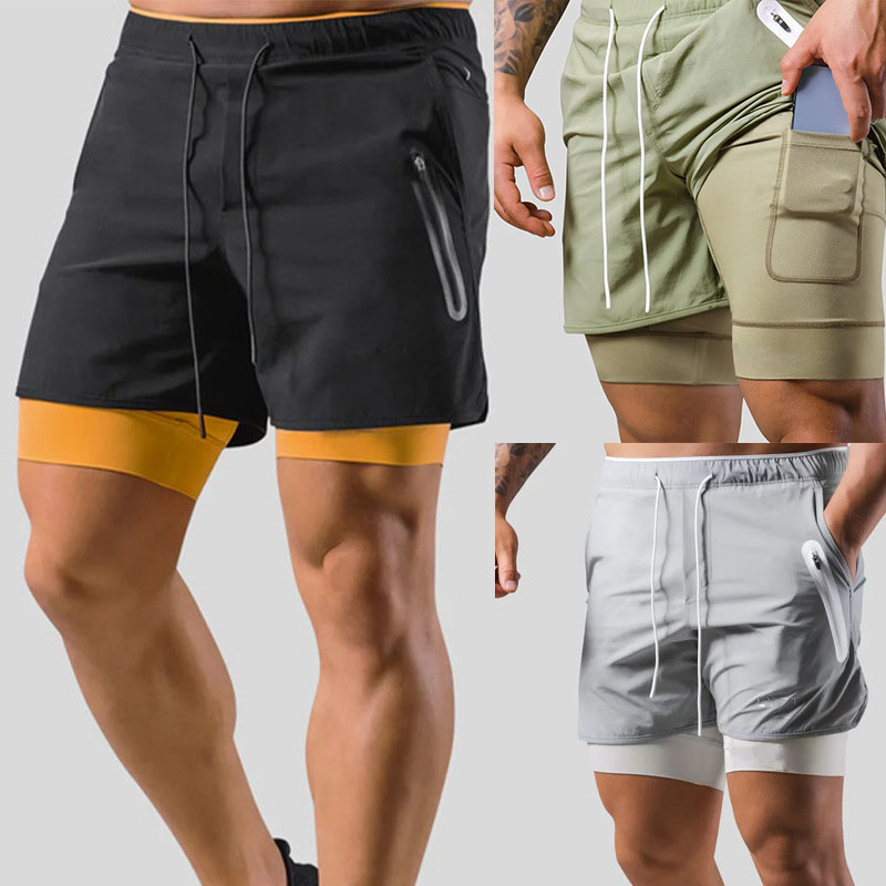 Gym Shorts Men Double Layer Short Pants Fitness Running Sports Workout Male Summer Casual Quick Dry Beach Shorts