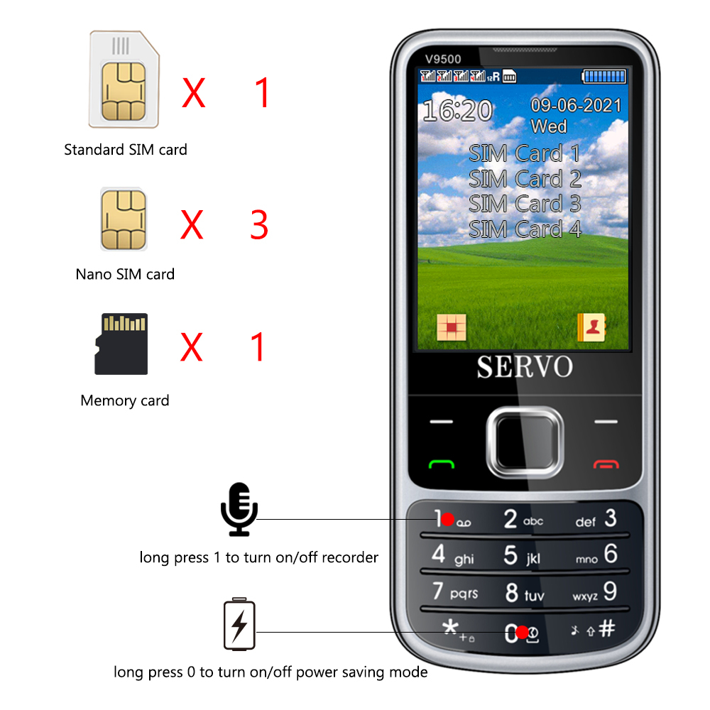 V9500 button function mobile phone candy bar four-card four-standby ultra-long standby student backup machine card artifact elderly mobile phone