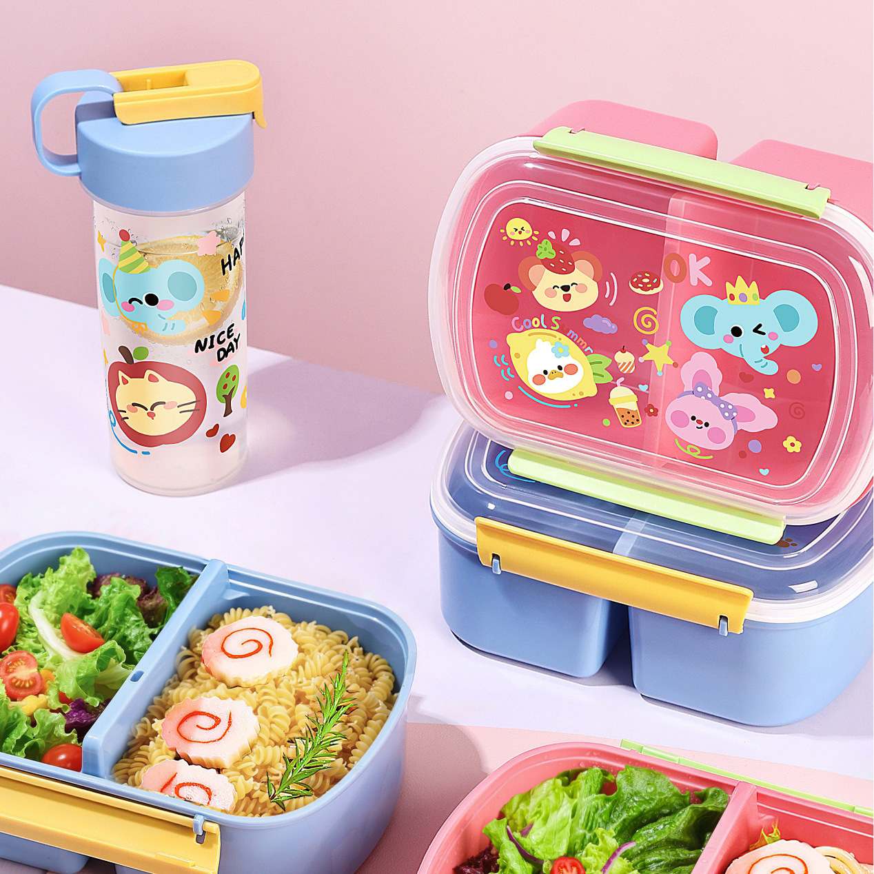 Cartoon Lunch Box with Water Bottle Set, 1000ml Divided Bento Box + 540ml Water Bottle, Microwave Safe Leakproof Food Container for Kids School Picnic
