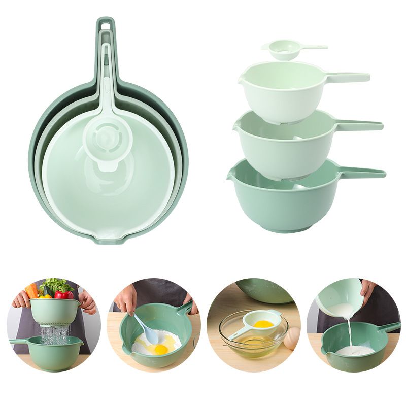 KM-1004 Plastic Mixing Bowl Set With Egg White Separator Strainer Vegetable Washing Basket Tool Fruit Basket