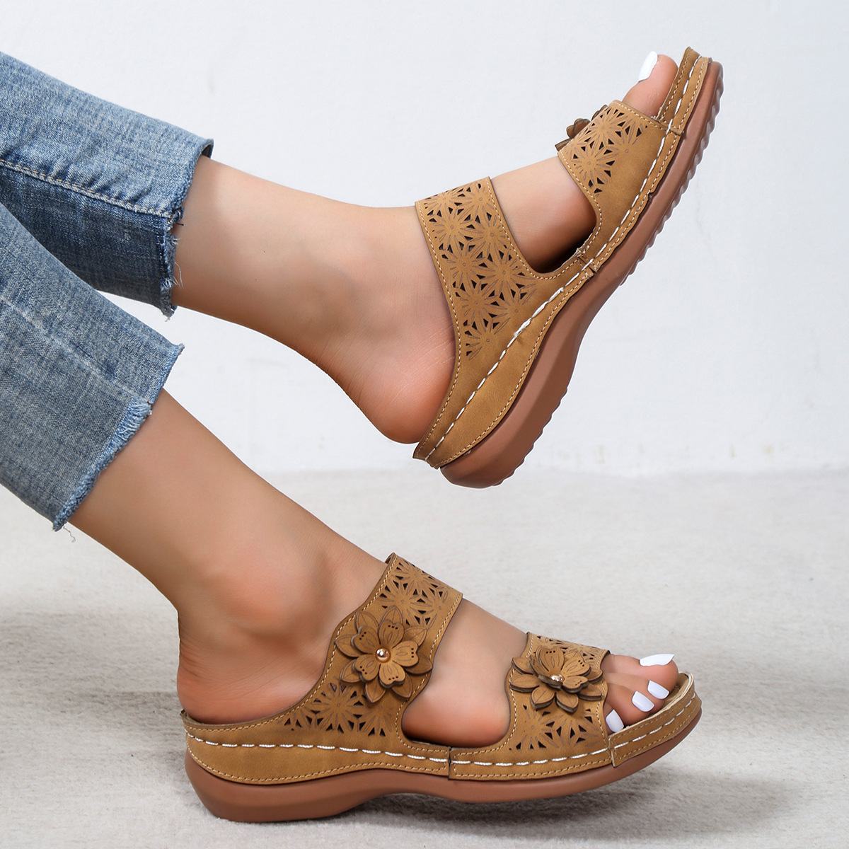 003 Women's Summer New Comfortable Wedge Sandals Solid Color Floral Sandals