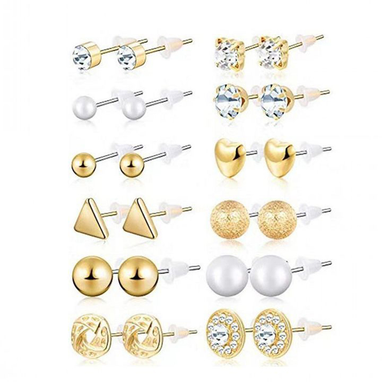 12 Pairs/Set Exquisite Gril Earrings Heart-Shape Diamond Pearls Ear Studs Women Jewellery Kit  Gift Jewelry 