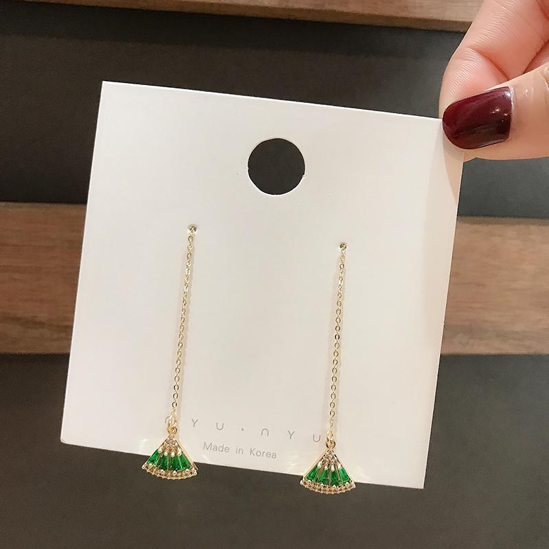 M255 Zircon Stud Earrings Women Gold Long Tassel Ear Chain Fan Pendant Earrings Jewelry Fashion