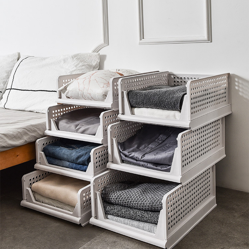 Stackable Closet Wardrobe Storage Box Organizer (Easy Open and Folding), Plastic White Wardrobe Shelves Closet Organiser Box, Pull Out Like a Drawer, Suitable for Home, Bedroom, Kitchen