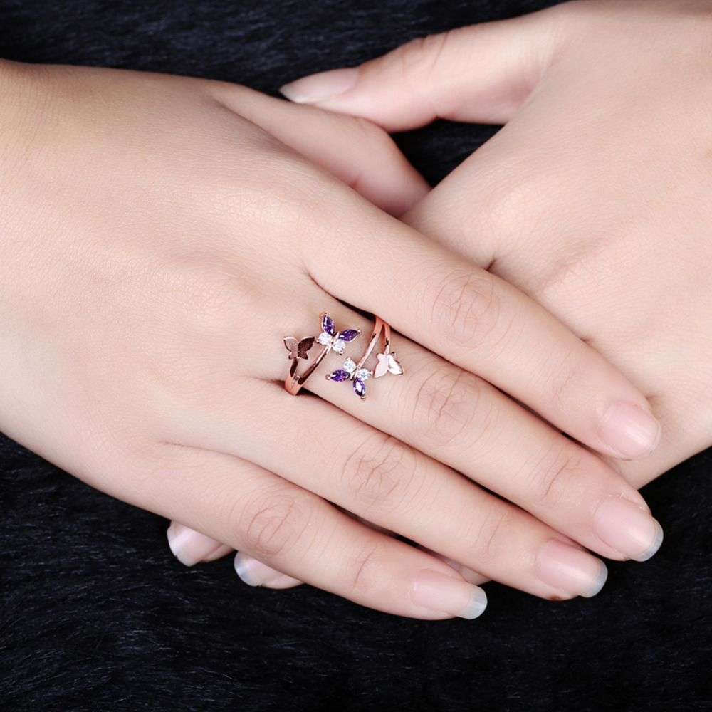 J0134 girl butterfly love flower amethyst bow adjustable size ring for women's elegant jewelry