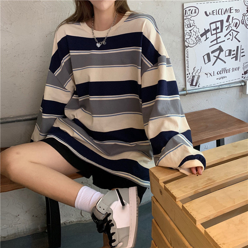 WYP-6851 Women's Fashion Loose Versatile Contrast Striped Long Sleeve T-shirt