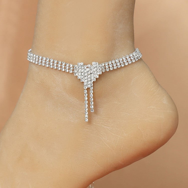 Anklet jewelry female Europe and America Full bore love Anklet personality Diamond inlay Peach Heart Foot ornament trend Beach Footwear CRRSHOP women gold silvery Water diamond Lover present